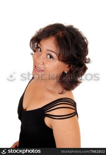 A portrait picture of a mixed raced young woman in a black dress,taken from the top, isolated for white background.