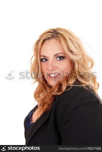 A portrait picture of a plus size blond business woman, looking intothe camera, isolated for white background.