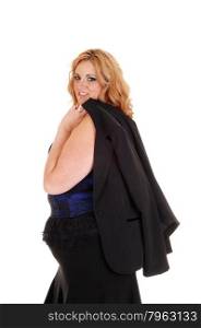 A portrait picture of a plus size blond business woman, with her jacketover her shoulder, isolated for white background.