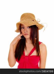 A portrait picture of a pretty young Asian woman in a red dress wearing a beige straw hat, isolated for white background.