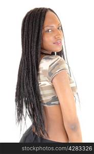 A portrait picture of a young African American woman with long braidedblack hair, looking over her shoulder, isolated on white background.