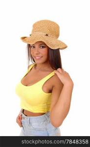 A portrait picture of a young woman wearing a yellow t-shirt an a straw hat,standing isolated for white background.