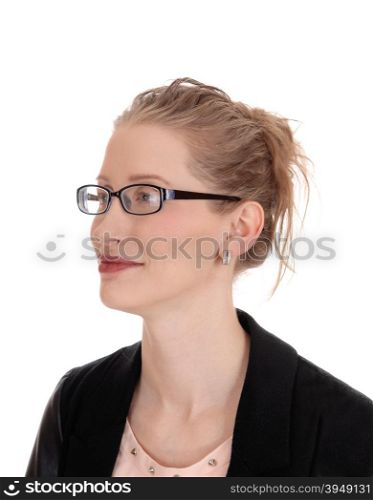 A portrait picture of an blond young business woman with glasses andan black jacket, isolated for white background.