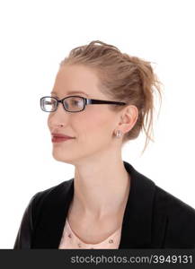 A portrait picture of an blond young business woman with glasses andan black jacket, isolated for white background.