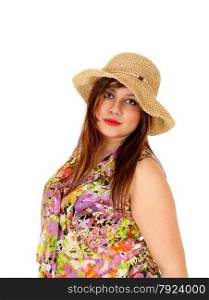 A portrait shot of a serious looking young woman wearing a straw hat and blousewith her hand behind her head, isolated for white background.