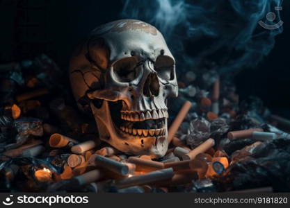 A powerful concept of a human skull surrounded by smoke and cigarettes, representing the harmful effects of tobacco on the human body, captured by AI Generative for anti-smoking c&aigns.