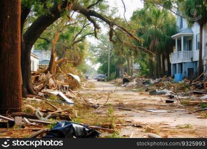 A powerful hurricane has left this street completely devastated with debris and destruction. Homes and cars have been severely damaged. Generative AI. Hurricane aftermath devastated street 