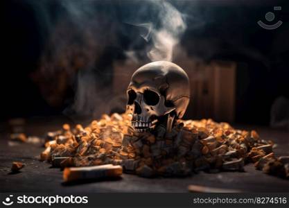 A powerful message of a human skull surrounded by smoke and cigarettes, calling attention to the deadly consequences of smoking and nicotine addiction, captured by AI Generative. No Tobacco Day