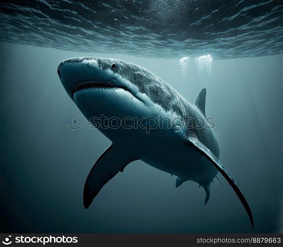 A predator great white shark swimming in the ocean - - Generative AI