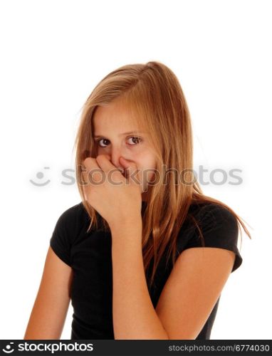 A pretty blond slim girl closing her nose with her hand, das not like thesmell, isolated for white background.