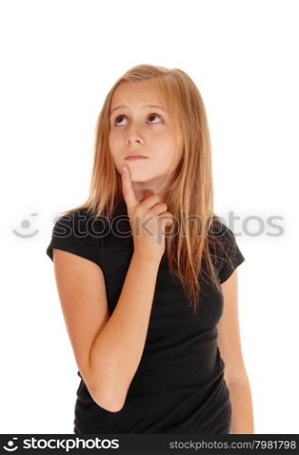 A pretty blond slim girl holding her finger on her chin, lookingupwards, isolated for white background.