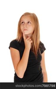 A pretty blond slim girl holding her finger on her chin, lookingupwards, isolated for white background.