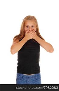 A pretty blond slim girl holding her hands over her mouth, lookingscared, isolated for white background.