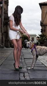 A pretty brunette girl in white dress and a greyhound in the middle of a street