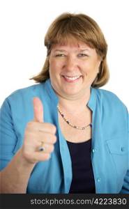 A pretty, happy woman giving a thumbsup sign. Isolated on white.