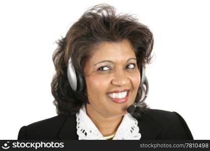 A pretty Indian customer service agent wearing a headset. Isolated on white.
