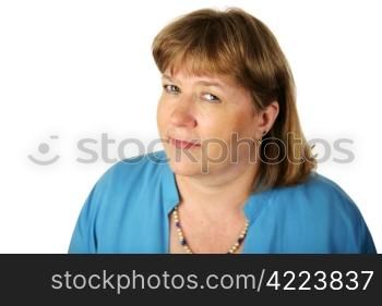 A pretty, mature wife or mother giving a skeptical expression. Isolated on white.
