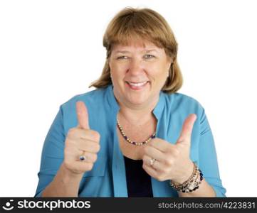 A pretty, mature woman giving two thumbs up. Isolated on white.