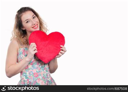 a pretty smiling young woman with a red heart on white