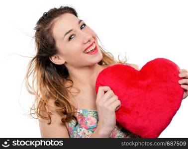 a pretty smiling young woman with a red heart on white