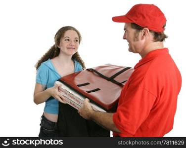 A pretty teen girl receiving a pizza delivery, isolated on white.