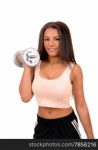 A pretty woman in black shorts standing for white background liftingdumbbell&rsquo;s for exercise.