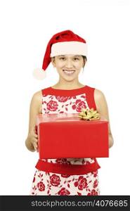 A pretty woman wearing santa hat holding a present or gift