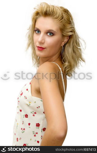 a pretty young blonde woman with a short dress