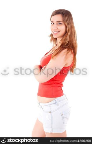 A pretty young woman posing over a white background