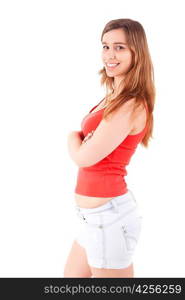 A pretty young woman posing over a white background