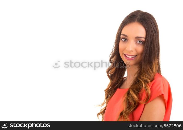 A pretty young woman posing over a white background