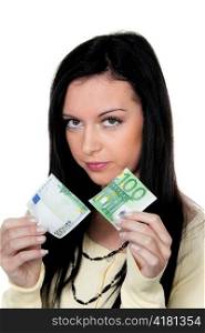 a pretty young woman with a cut apart euro currency banknote