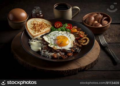 A product photo of fried eggs and bacon, hash browns and black pudding and mushrooms and toast created by generative AI