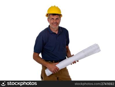 A professional construction contractor worker with hard hat is holding construction blue print plans, isolated on a white background.
