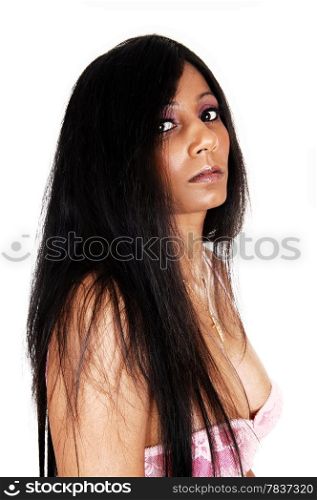 A profile picture of a young Hispanic woman with long black hair and apink bra, isolated for white background.