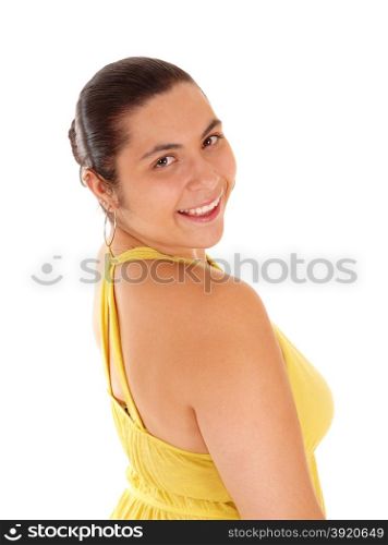A profile portrait picture of a beautiful young woman in a yellow dress,looking into the camera, isolated for white background.