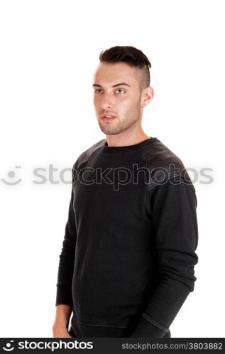 A profile portrait picture of a young Caucasian man in a black sweater,standing isolated for white background.