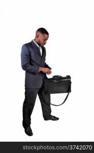 A protract picture of a black man in a suit and with a briefcase, for whitebackground.