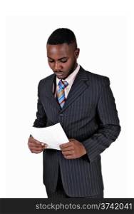A protract picture of a black man in a suit holding a whiten paper in his hands, for white background.