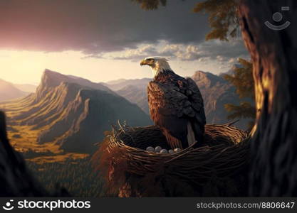 a proud eagle in its nest scouting the beautiful land