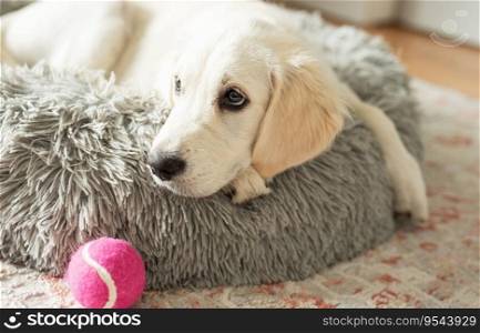 A puppy of a golden retriever is resting in a dog bed. Home pet.