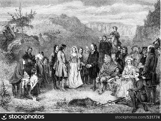 A Puritan Wedding, vintage engraved illustration. Magasin Pittoresque 1852.
