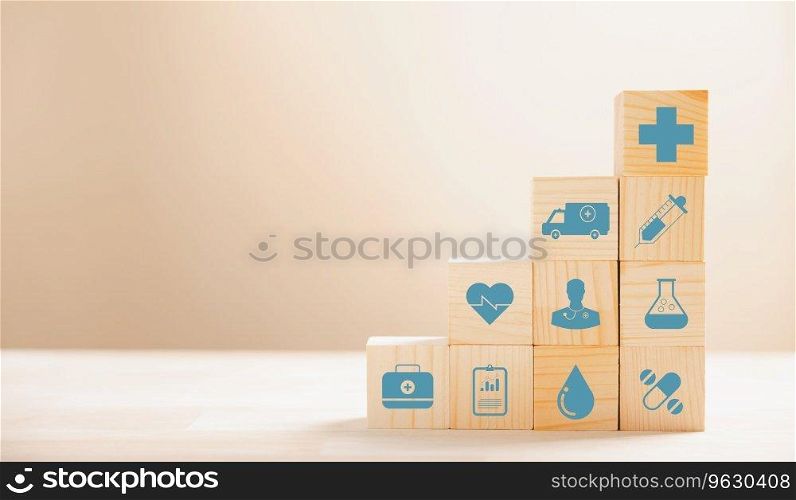 A pyramid of wooden cubes forms a visual metaphor for healthcare and insurance. Crowning medical insurance icon atop white background, allowing copyspace for Health Insurance messaging.