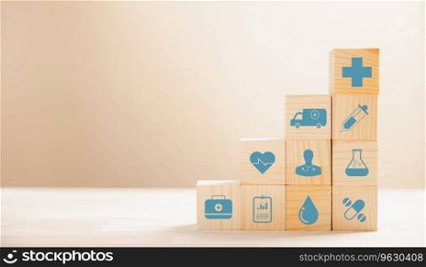 A pyramid of wooden cubes forms a visual metaphor for healthcare and insurance. Crowning medical insurance icon atop white background, allowing copyspace for Health Insurance messaging.