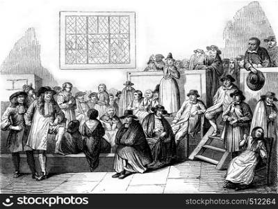 A Quaker meeting in the eighteenth century, vintage engraved illustration. Magasin Pittoresque 1843.