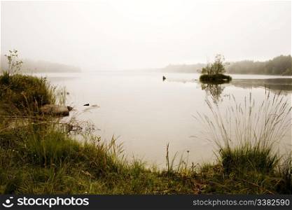 A quiet mysterious lake with fog