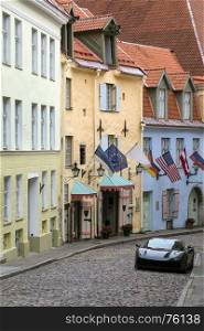 A quiet side street in the old town area of Tallinn in Estonia.