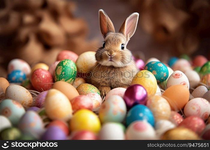 a rabbit sitting in a pile of colored eggs. Generative AI