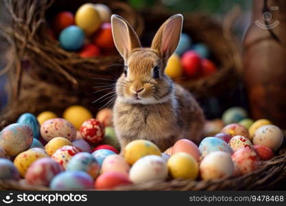 a rabbit sitting in a pile of colored eggs. Generative AI