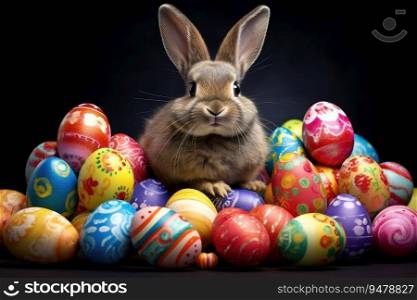 a rabbit sitting in a pile of colored eggs. Generative AI
